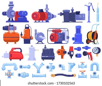 Pipe water pumps machinery, equipment, pipeline technology in industry, complex industrial machine of pipes, cables, motors, gauges and pumps set of isolated vector illustration. Engineering devices.