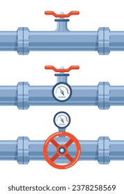Tubería de agua con válvula y metro de presión. Elementos de tubería. Sistema de tubería con válvula y manómetro para la industria. Construcción de tubo de acero. Ilustración del vector