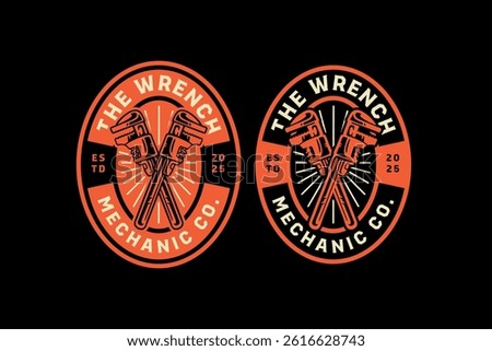 pipe wrench, adjustable wrench, monkey wrench crossed retro vintage badge logo vector design collection set for mechanic, craftsman, handyman, garage, workshop, engineer, industrial