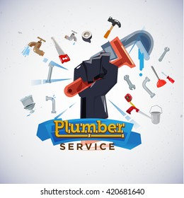 Pipe Wrench in Hand with plumber tools and equipment set - vector illustration