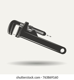 Pipe wrench monochrome sign, element for vintage plumbers logo design, isolated on white background, vector