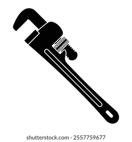 Pipe wrench vector icon. Plumbing tool, gas pipe fitting and repair work symbol. Adjustable wrench for maintenance. Black silhouette isolated on white background.