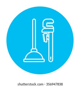 Pipe wrenches and plunger line icon for web, mobile and infographics. Vector white icon on the light blue circle isolated on white background.