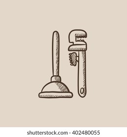 Pipe wrenches and plunger sketch icon.