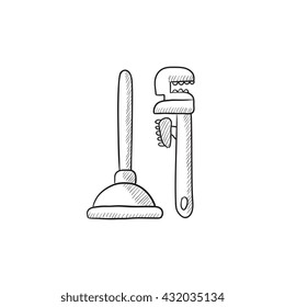 Pipe wrenches and plunger vector sketch icon isolated on background. Hand drawn Pipe wrenches and plunger icon. Pipe wrenches and plunger sketch icon for infographic, website or app.