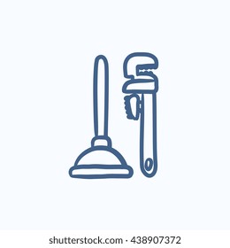 Pipe wrenches and plunger vector sketch icon isolated on background. Hand drawn Pipe wrenches and plunger icon. Pipe wrenches and plunger sketch icon for infographic, website or app.