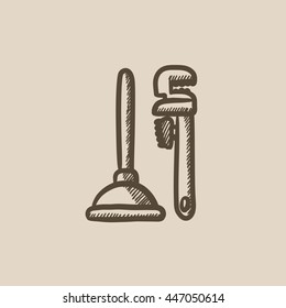 Pipe wrenches and plunger vector sketch icon isolated on background. Hand drawn Pipe wrenches and plunger icon. Pipe wrenches and plunger sketch icon for infographic, website or app.