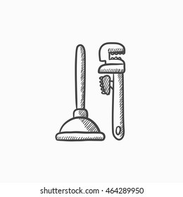 Pipe-Wrenches und Kolben-Vektorgrafik-Symbol einzeln auf Hintergrund. Handgezeichnete Pipe-Armreihen und das Symbol des Kolbens. Pipe Wrenches und Stempelskizze Symbol für Infografik, Website oder App.