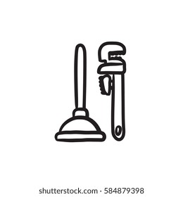 Pipe wrenches and plunger vector sketch icon isolated on background. Hand drawn Pipe wrenches and plunger icon. Pipe wrenches and plunger sketch icon for infographic, website or app.