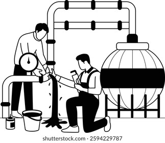 Pipefitter dealing with marine piping system vector design, plumbing worker sketch, Handyman Services drawing, HVAC technician illustration, Engineer Repairing spherical Natural Gas Tank pipes concept