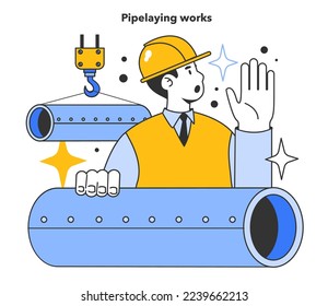 Pipelaying works. Gas pipeline construction, natural gas transportation pipeline system. Natural resource extraction industry. Fossil fuel and eco-friendly energy concept. Flat vector illustration