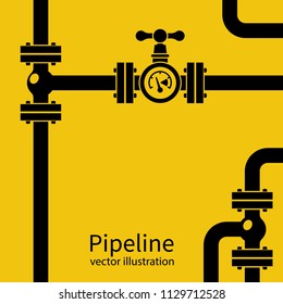 Pipeline background black silhouette. Pipe system with valves for water of gas oil. Vector illustration flat design. Isolated on yellow industrial background. 