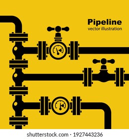 Pipeline background black silhouette. Pipe system with valves for water of gas oil. Vector illustration flat design. Isolated on yellow industrial background. 
