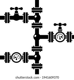 Pipeline background black silhouette. Pipe system with valves for water of gas oil. Vector illustration flat design. Isolated on white industrial background. 