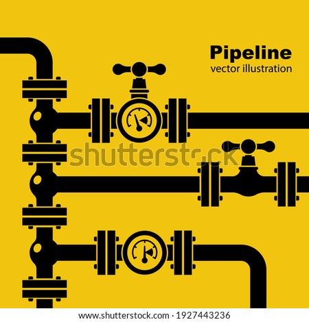 Pipeline background black silhouette. Pipe system with valves for water of gas oil. Vector illustration flat design. Isolated on yellow industrial background. 