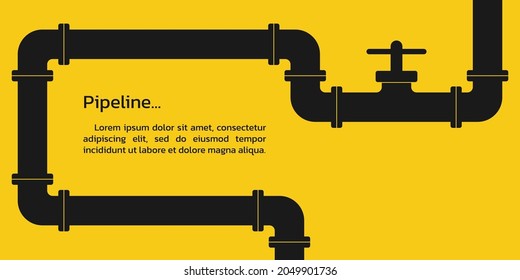 Pipeline Background. Oil, Water Or Gas Pipe With Valve. Plumbing System. Industrial, Construction Or Technology Business Infographic. Vector Illustration.