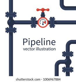 Pipeline background. Pipe system with valves for water of gas oil. Vector illustration flat design. Isolated on white industrial background.