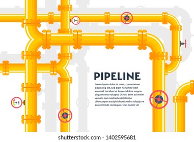 Pipeline background with yellow gas pipes and valves. Vector industrial design. 