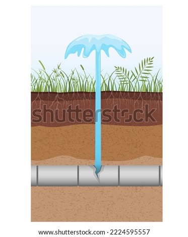 Pipeline break in ground, water main or sewer accident with water fountain. Pipeline in underground with soil layers in section. Sewage system. Land in the section. Vector illustration for education