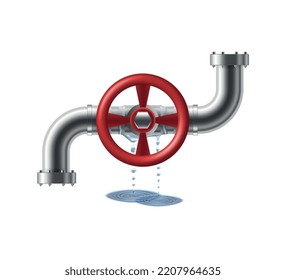 Pipeline burst with leaking pipe and valve realistic vector illustration