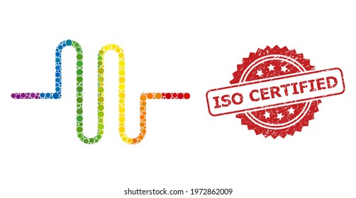 Pipeline collage icon of spheric elements in various sizes and spectrum colored color tints, and ISO Certified grunge rosette seal imitation. A dotted LGBT-colored Pipeline for lesbians, gays,