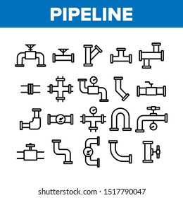 Pipeline Collection Elements Icons Set Vector Thin Line. Steel Pipeline Steel Pipe Connector And Valve For Plumbing Work Concept Linear Pictograms. Monochrome Contour Illustrations