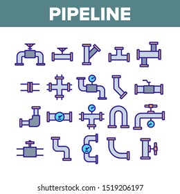 Pipeline Collection Elements Icons Set Vector Thin Line. Steel Pipeline Steel Pipe Connector And Valve For Plumbing Work Concept Linear Pictograms. Monochrome Contour Illustrations