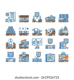 Pipeline Construction Collection doodle icons set vector. Installation Repair Pipeline Construction, Engineering Welding Pipe sketch hand drawn