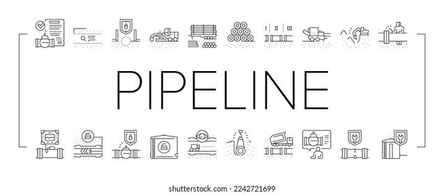 Pipeline Construction Collection Icons Set Vector. Installation And Repair Pipeline Construction, Engineering And Welding Pipe Black Contour Illustrations