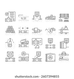 Pipeline Construction Collection Icons Set Vector. Installation And Repair Pipeline Construction, Engineering And Welding Pipe Black Contour Illustrations