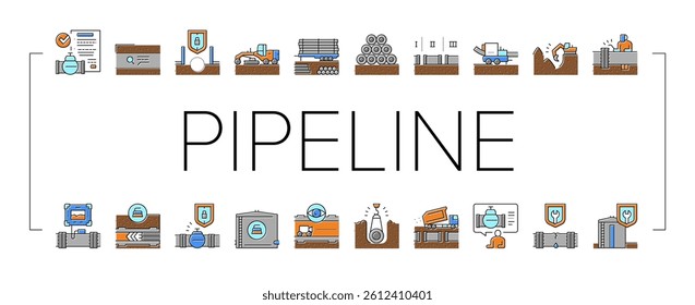Pipeline Construction Collection Icons Set Vector. Installation And Repair Pipeline Construction, Engineering And Welding Pipe Concept Linear Pictograms. Contour Color Illustrations