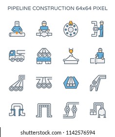 Pipeline construction, maintenance and repair vector icon. By crane, worker, welder, tool and welding work. For transportation or supply oil, gas, gasoline or petroleum in industrial plant. 64x64 px.