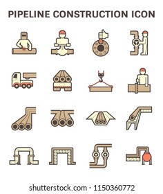 Pipeline construction, maintenance and repair vector icon. By crane, worker, welder and welding work. For transportation or supply crude oil, natural gas, gasoline or petroleum in industrial plant.