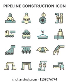 Pipeline Construction, Maintenance And Repair Vector Icon. By Crane, Worker, Welder And Welding Work. For Transportation Or Supply Crude Oil, Natural Gas, Gasoline Or Petroleum In Industrial Plant.