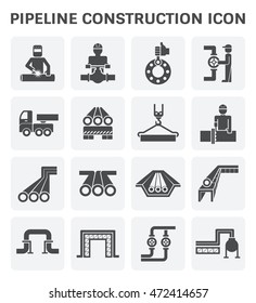 Pipeline construction, maintenance and repair vector icon. By crane, worker, welder and welding work. For transportation or supply crude oil, natural gas, gasoline or petroleum in industrial plant.