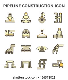 Pipeline Construction, Maintenance And Repair Vector Icon. By Crane, Worker, Welder And Welding Work. For Transportation Or Supply Crude Oil, Natural Gas, Gasoline Or Petroleum In Industrial Plant.