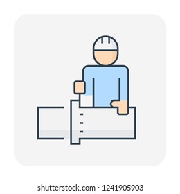 Pipeline construction and maintenance vector icon. Include bolt, screw, nut, worker and tighten work to connection flange fitting of pipe. For transport water, crude, oil, gas, gasoline or petroleum.
