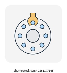 Pipeline construction and maintenance vector icon. Include bolt, screw, nut, worker and tighten work to connection flange fitting of pipe. For transport water, crude, oil, gas, gasoline or petroleum.