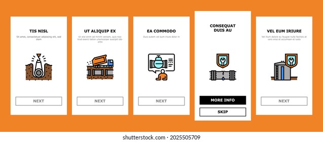 Pipeline Bau Onboarding Mobile App Page Bildschirm Vector. Bau-, Bau- und Schweißrohrillustrationen für Installation und Reparatur von Rohrleitungen