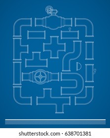Pipeline construction vector blueprint collection with pipes, stop valve, T-bend, caps, curve elbows and manometers. Industrial set for design.