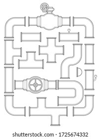 Pipeline construction vector collection with pipes, stop valve, T-bend, caps, curve elbows and manometers. Industrial set for design.