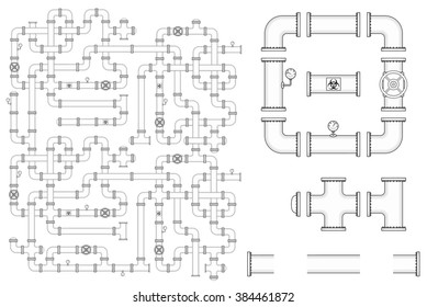 Pipeline Construction. Vector EPS8 kit include pipe parts, caps, valves, curve elbows and manometers