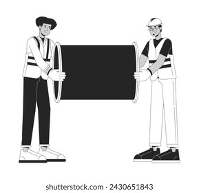 Pipeline contractors carrying metal pipe black and white 2D line cartoon characters. Diverse male constructors isolated vector outline people. Pipe construction monochromatic flat spot illustration
