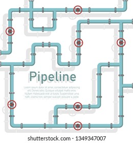 Pipeline design background pattern with pipe with valve vector illustration pipeline design.Valve, pipe connectors, meters, pipe details vector set.