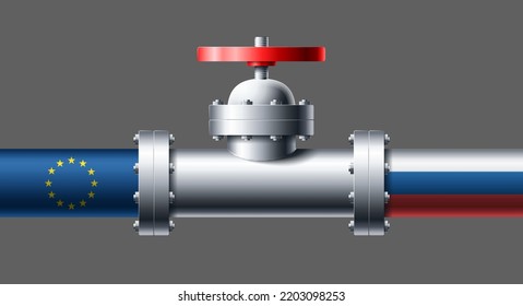 Pipeline with flags Russia and European union vector illustration isolated. Concept import and export through the pipe gas, oil and other liquids
