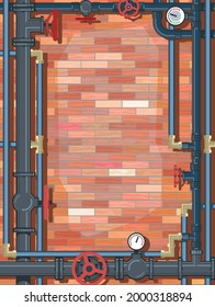 Pipeline. Frame with place for text with brick background. Water fittings. Pipeline for various purposes. Illustration vector