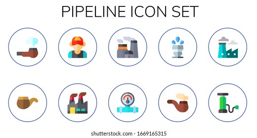 pipeline icon set. 10 flat pipeline icons.  Simple modern icons such as: pipe, plumber, industry, nuclear plant, manometer, sprinkler, pump