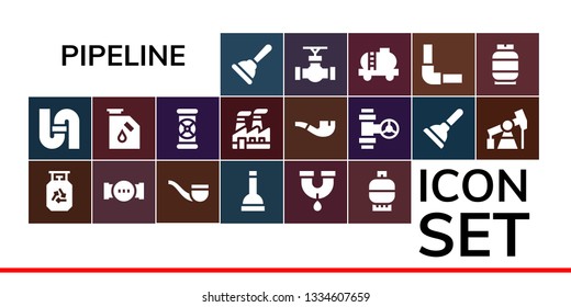 pipeline icon set. 19 filled pipeline icons.  Collection Of - Plunger, Pipe, Gas, Pipes, Industry, Pump jack, Tank, Pipeline
