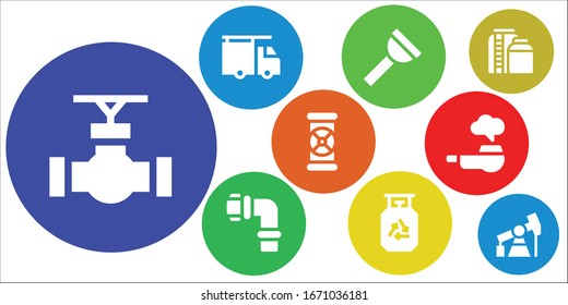 pipeline icon set. 9 filled pipeline icons. Included Pipe, Plumber, Plunger, Pipes, Gas, Tank, Pump jack icons