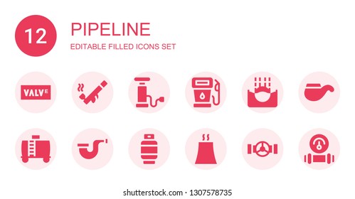 pipeline icon set. Collection of 12 filled pipeline icons included Valve, Pipe, Pump, Gas, Submerge, Water tank, Nuclear plant, Manometer